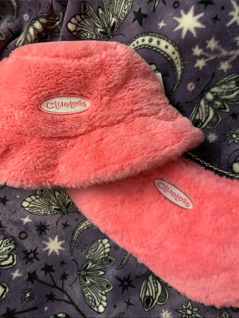 Clueless Pink Fuzzy Bag And Matching Bucket Hat Bundle